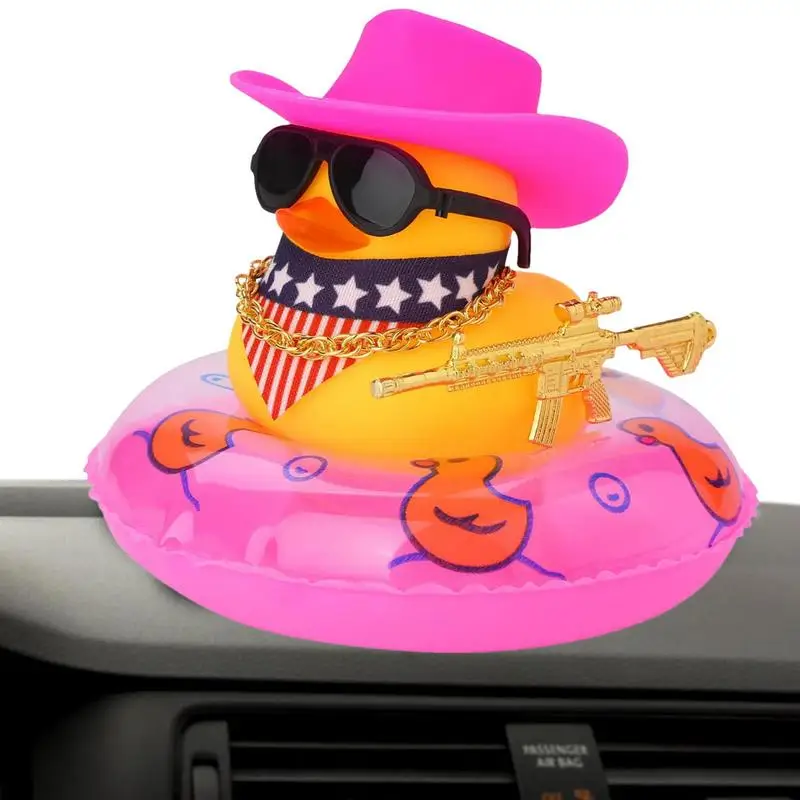 Car Rubber Duck Decoration West Cowboy Accessories Ornament Yellow Rubber Duck With Mini Sun Hat Swim Ring Necklace And