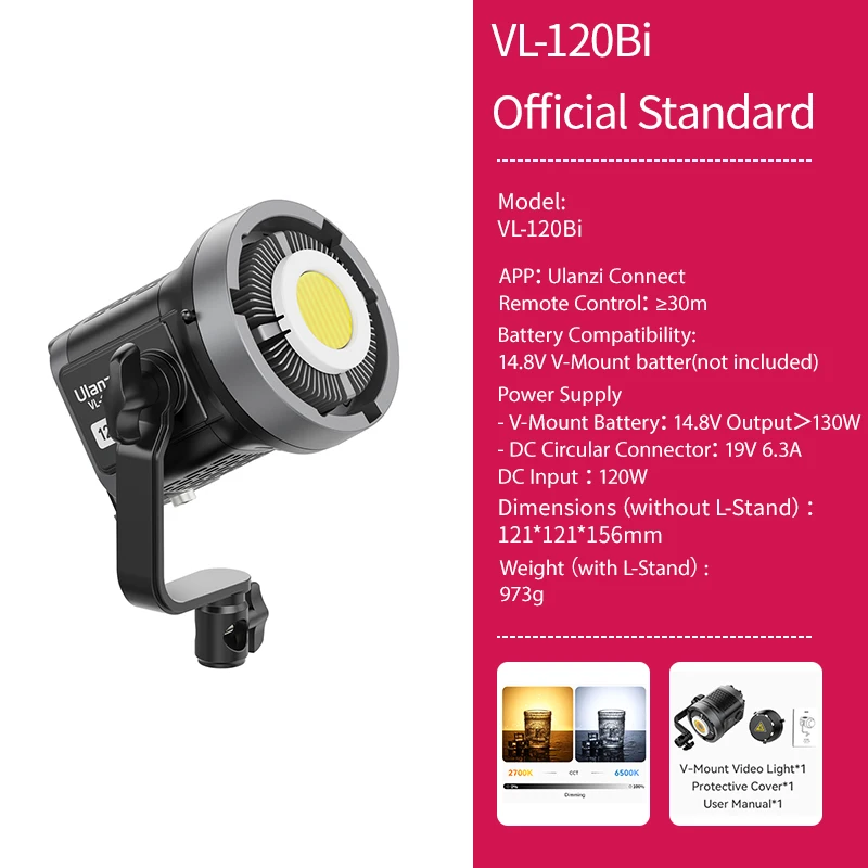 ULANZI VL-120BI VL-120C 120W V-MOUNT COB LIGHT SEPLA APLICACIÓN CONTROL 2700K-6500K VIDEO LIGHT PARA Fotografía en video de sketch