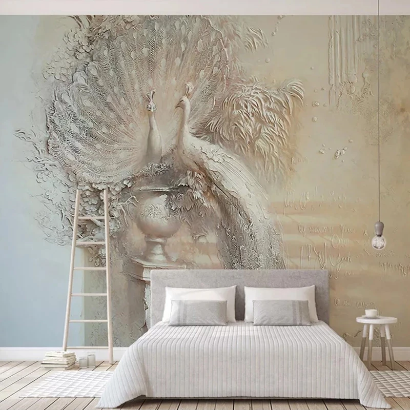 Custom European Retro 3D Relief Peacock Photo Mural Study Home Decor Wallpaper Living room TV background wall bedroom restaurant