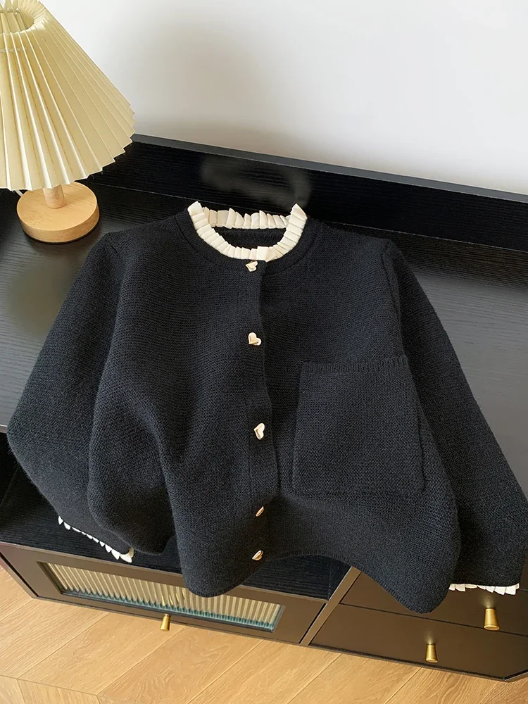 

Women Clothing Autumn New Love Button Pleated Collar Knitted Cardigan Jacket Female Lazy Style Sweet Korean Fashion Sweater Tops