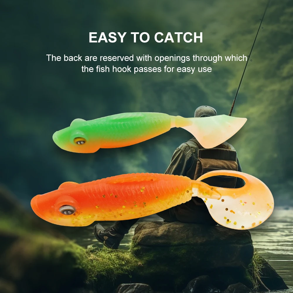 ESFISHING Swiming PRO 72mm 6pcs 3D Eyes Grub Sea Pesca Fishing Lures Silicone Bait Cheap Tackle Pesca Feeder Single Tail Grub