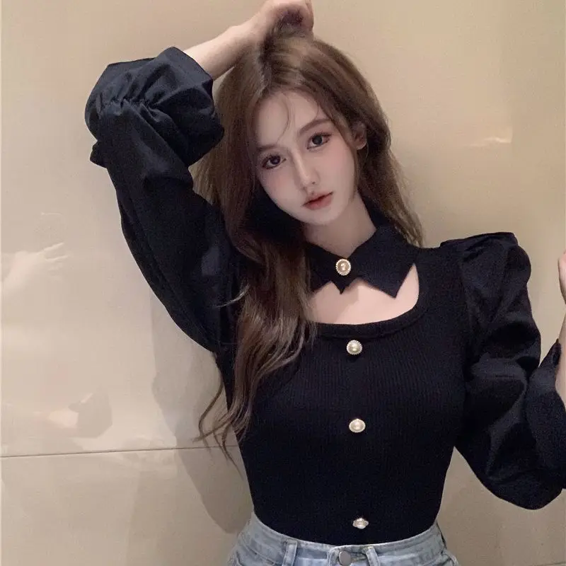 Spring Autumn Simplicity Fashion Patchwork Solid Color Bottoming Shirt Femme All-match Hollow Out Puff Sleeve Pullovers Top Tee