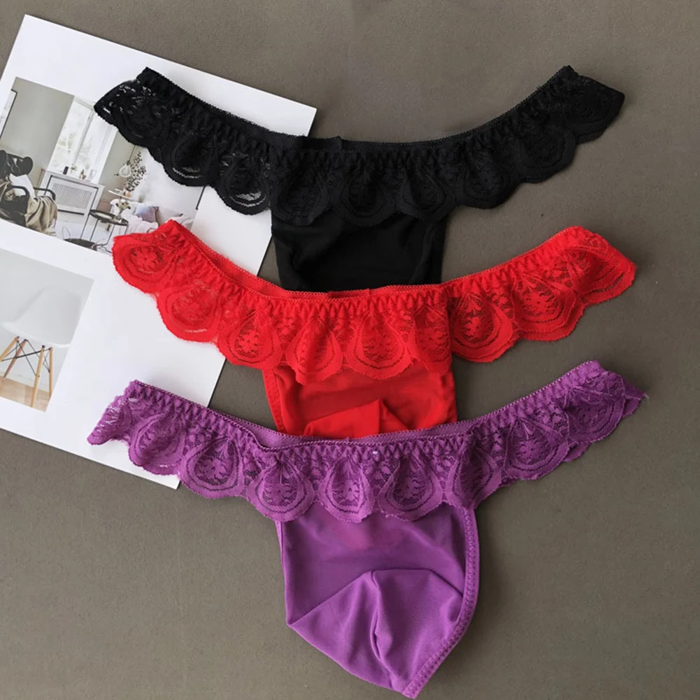 Men Lace Mesh See Through G String Sissy Pouch Summer Men's Panties Soft Thong Low Rise Briefs Underwear For Hot Man Underpants