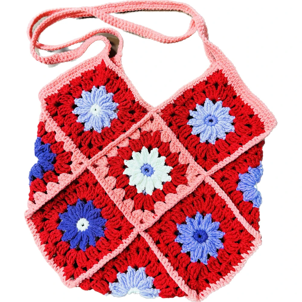 Original Design Fashion Women Shoulder Bag Yarn Crochet Handmade Flower Casual Tote Lady Shopping Handbag with lining for girls