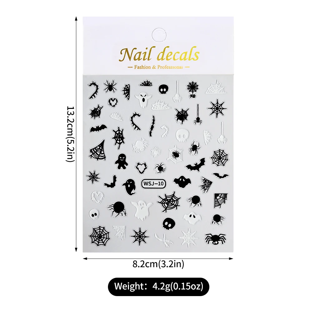3D Zwart Wit Halloween Nail Art Sticker Ghost Spider Bat Pompoen Kat Horror Design Festival Nail Slider Halloween Nail Supplie