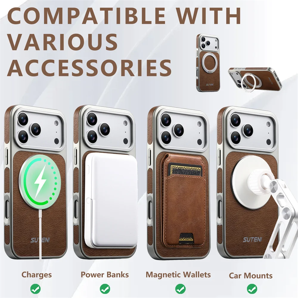 Skórzane etui na telefon z magnetycznym pierścieniem obrotowym i funkcją podstawki, kompatybilne z modelami Apple iPhone 18, 17, 16, 15, 14, 13 Pro Max, posiadające srebrzyste, ochronne wykończenie. — zdjęcie produktu 4