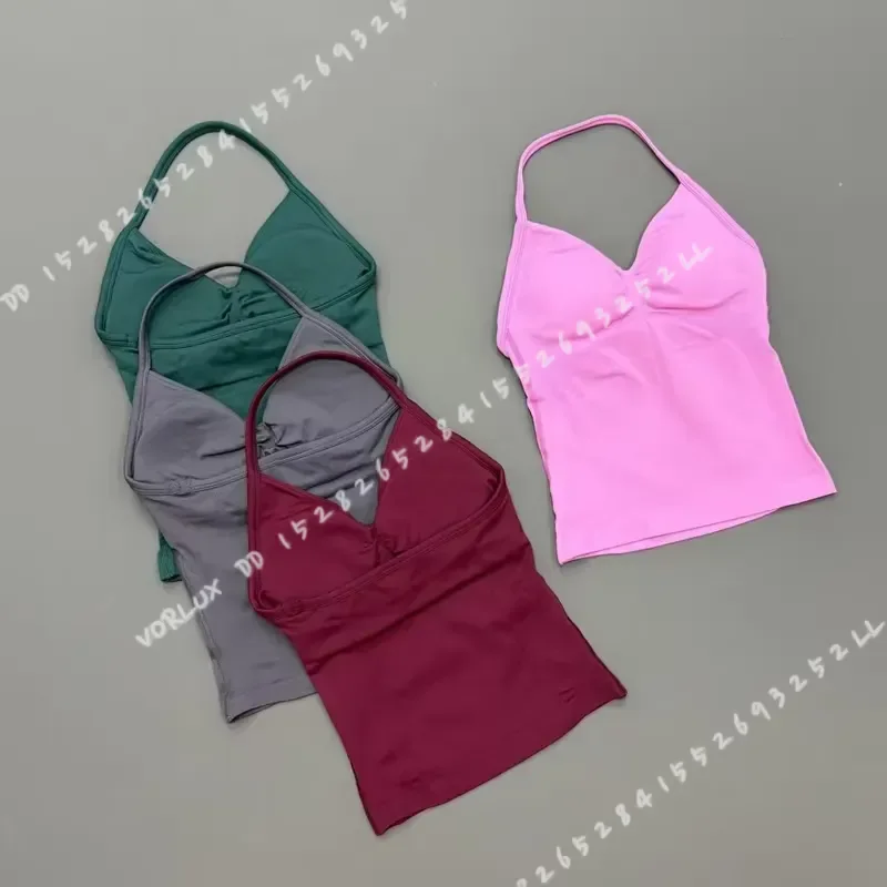 Women Gym Workout Tank Top Halter Neck With Built-in Shelf Bra V Neck Seamless Slim Fit Longline Yoga Top For Running Fitness