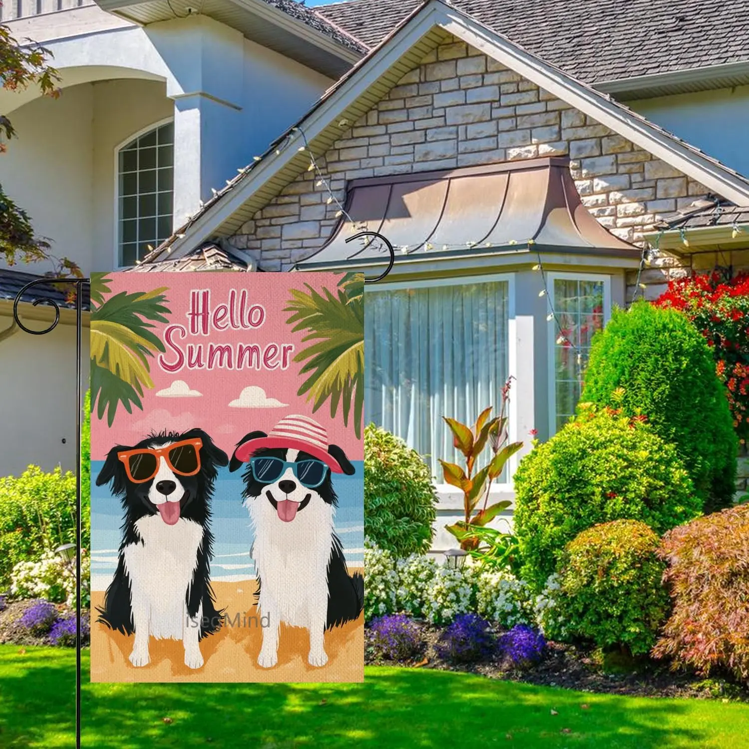 Border Collie Hello Summer Garden Flag 12x18 Inch Double Sided, Welcome Seasonal Holiday Burlap Yard Outdoor Decoration Bord jjp