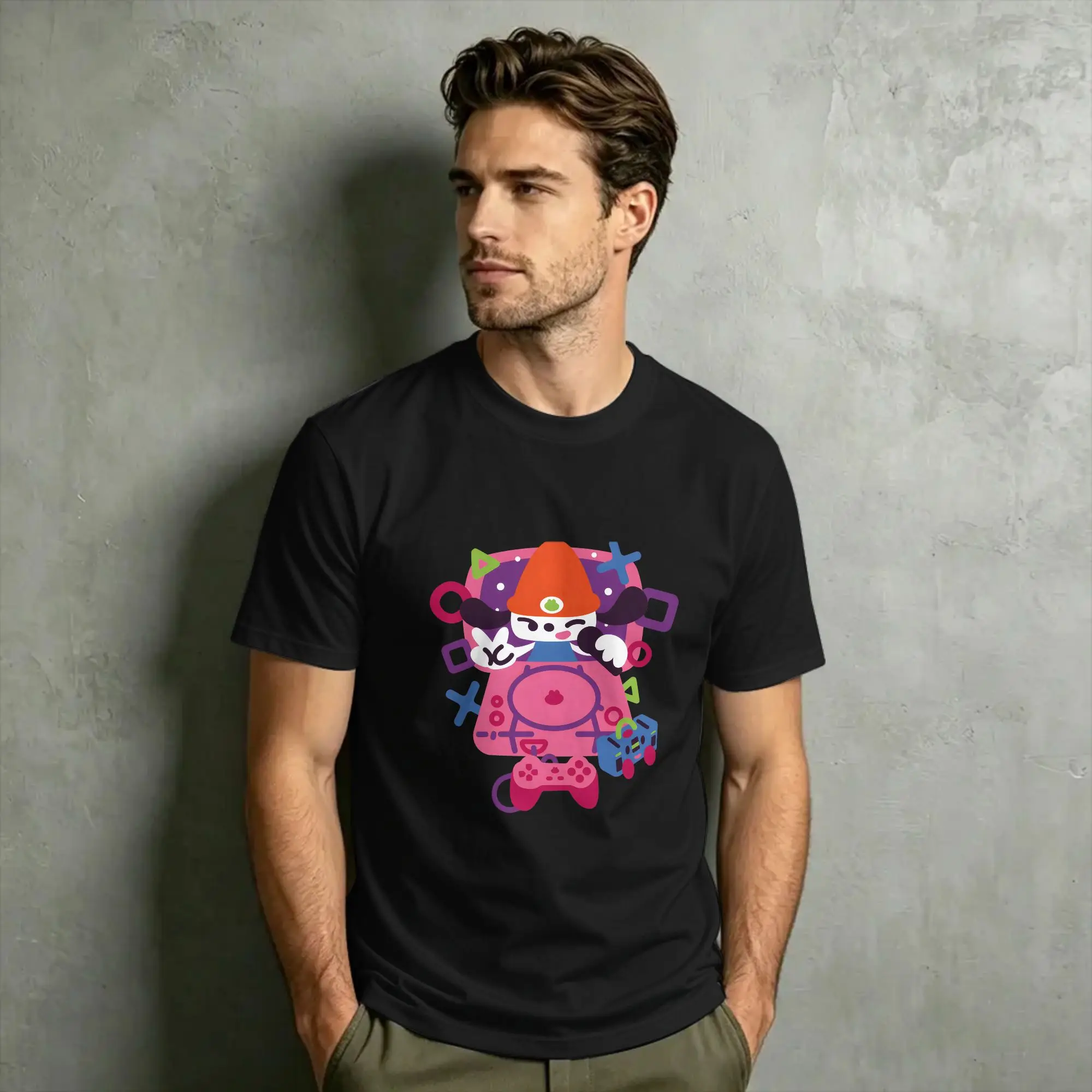 Vintage PA-PaRappa The Rapper Game T-Shirts Men O Neck 100% Cotton T Shirt  Short Sleeve Tee Shirt Adult Clothes