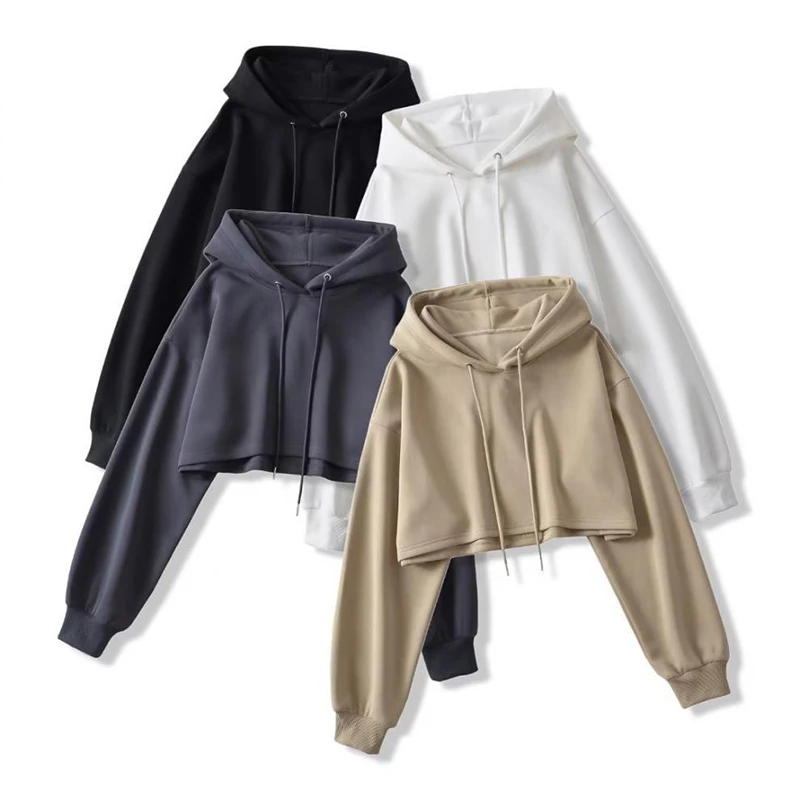 Seksowne krótkie bluzy z kapturem moda damska jednokolorowe krótkie bluzki z długim rękawem koreańska moda uliczna pulowerowe bluzy z kapturem damskie