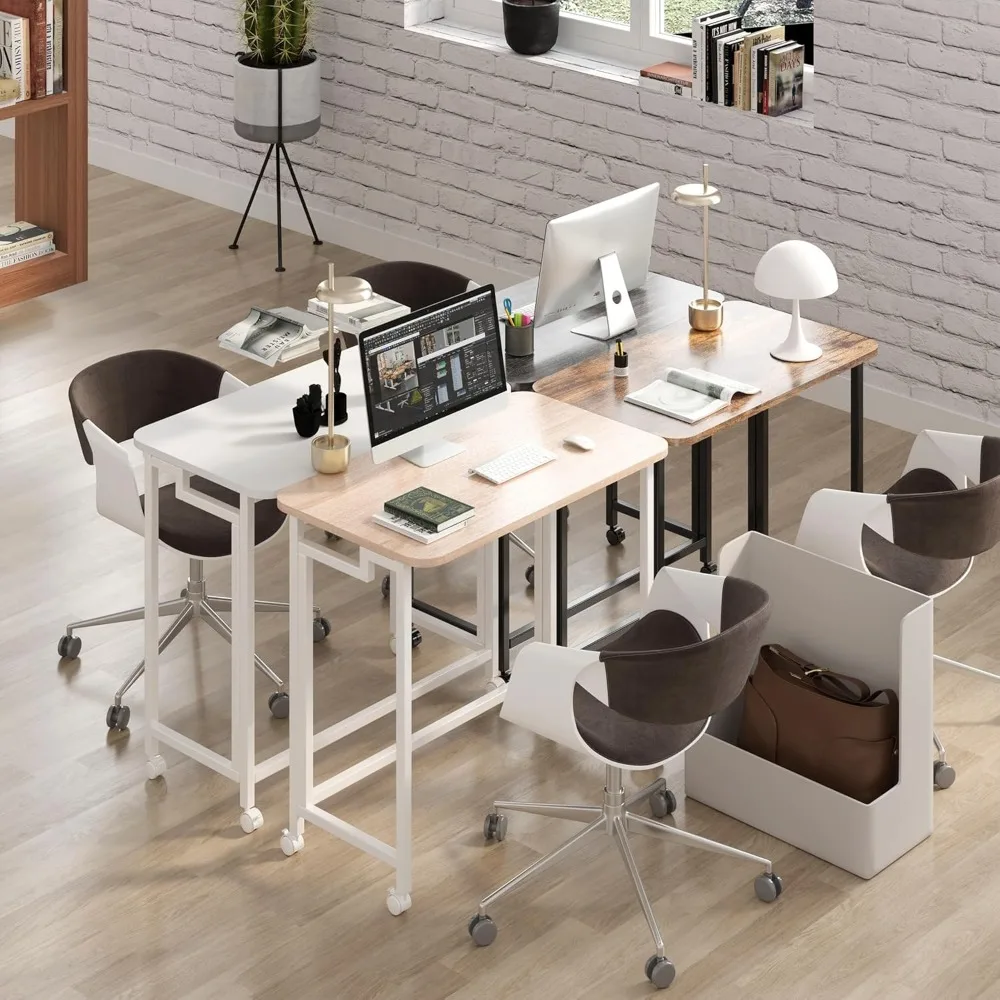 Folding Laptop Desk with Wheels, Modern Industrial Style, Home Office Writing Table, Rustic Brown, 23.6 Inches