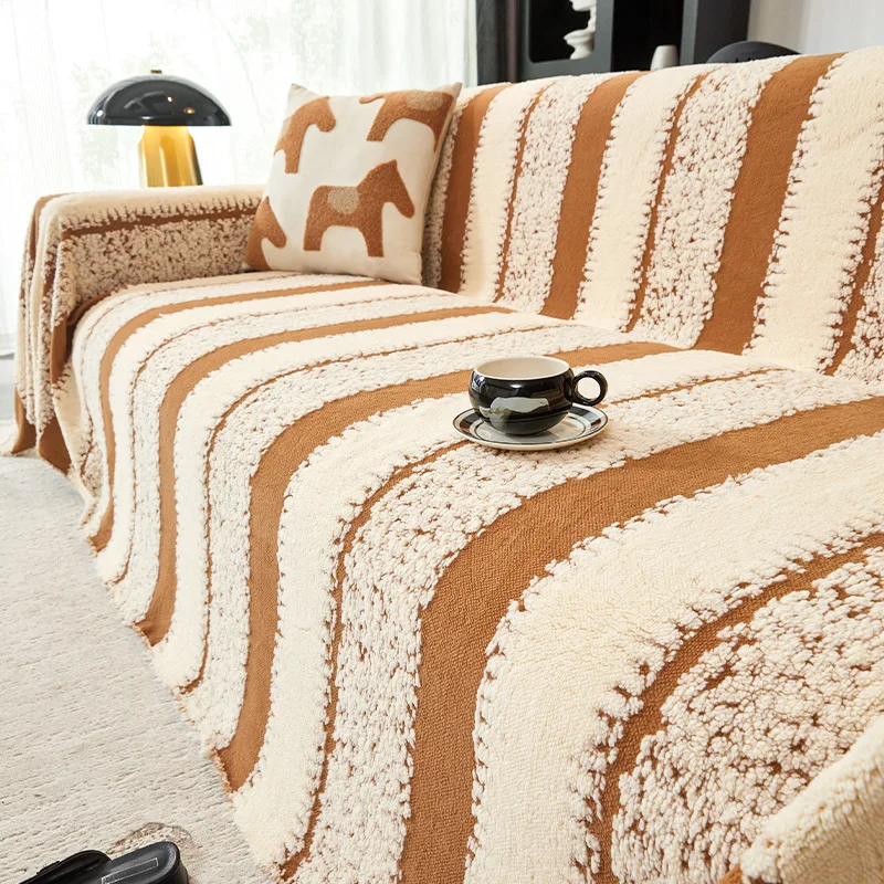 EIFLOY-Velvet Striped Sofa Towel Cover, Soft Couch Throw Blanket, One Piece, Winter Warm Furniture Protector, Universal