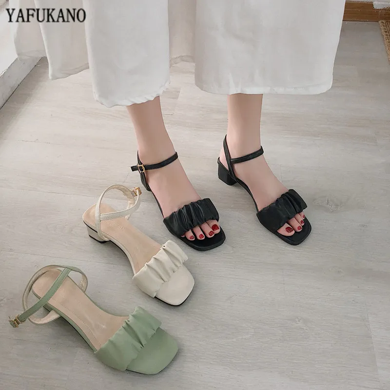 Fashion Square Heel Womens Sandals 2024 Summer New Korean Pleated Ankle Buckle Casual High Heels Sandals Simple Rome Shoes