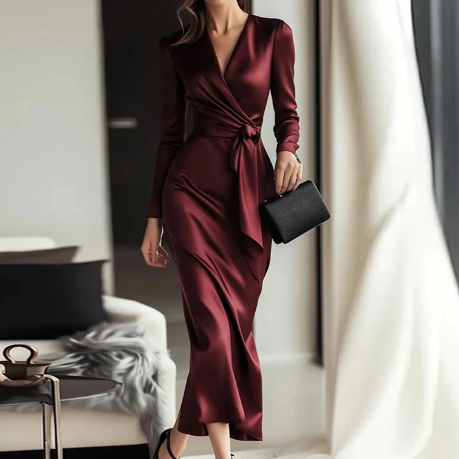 Moda feminina vestido de noite outono sexy profundo decote em v manga longa bodycon vestido clássico alta fenda vestido de noite maxi