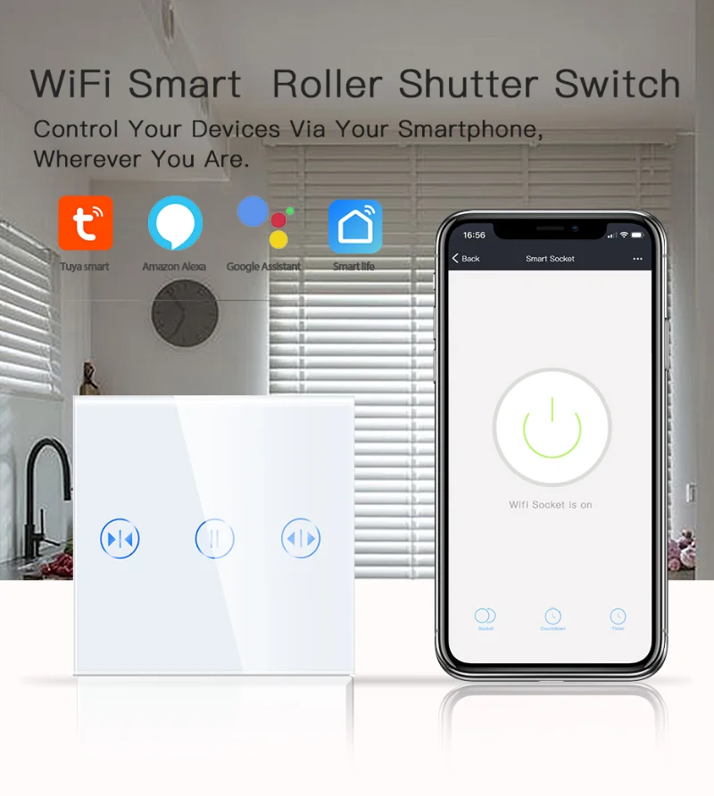 Bingoelec Wireless Wifi Roller Shutter Curtain Switch Single Smart Blind Touch Sensor Switch Google  Alexa Tuya Smart Life App