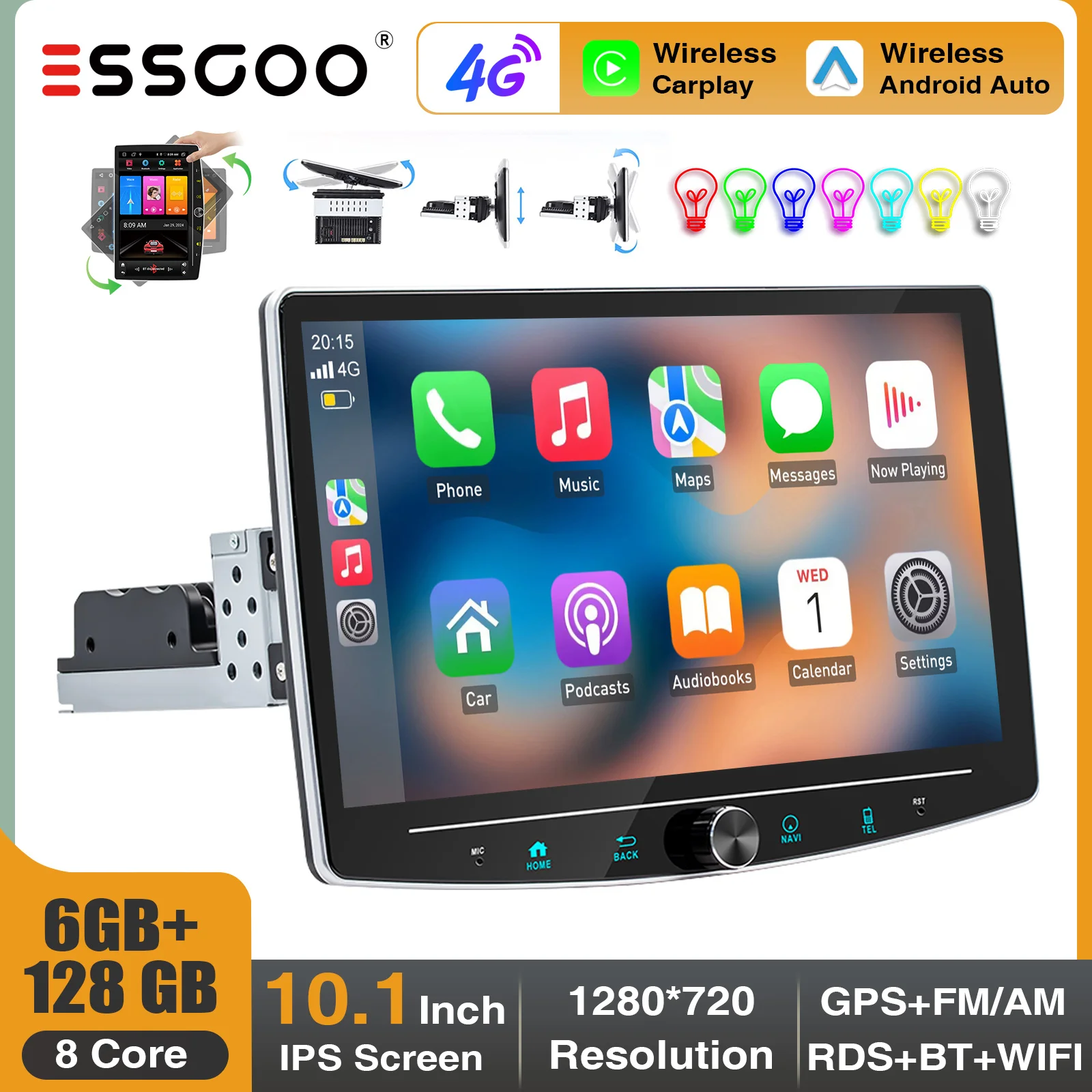 ESSGOO 6 + 128G 8core Android 14 10.1 Ruotabile Singolo 1 DIN Autoradio Stereo CarPlay 4G LTE GPS NAVI WiFi FM AM RDS Manopola di Controllo