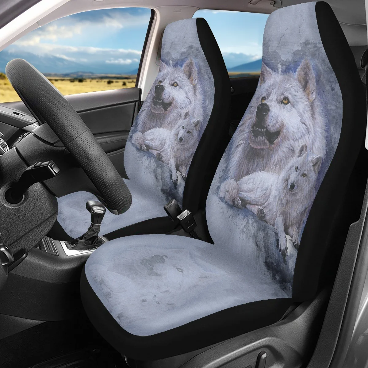 Car Seat Covers Set White Snow Wolf Design Vehicle Clean Protector Comfort Material Stainless Steel Hook Vehicle Supplies Unisex