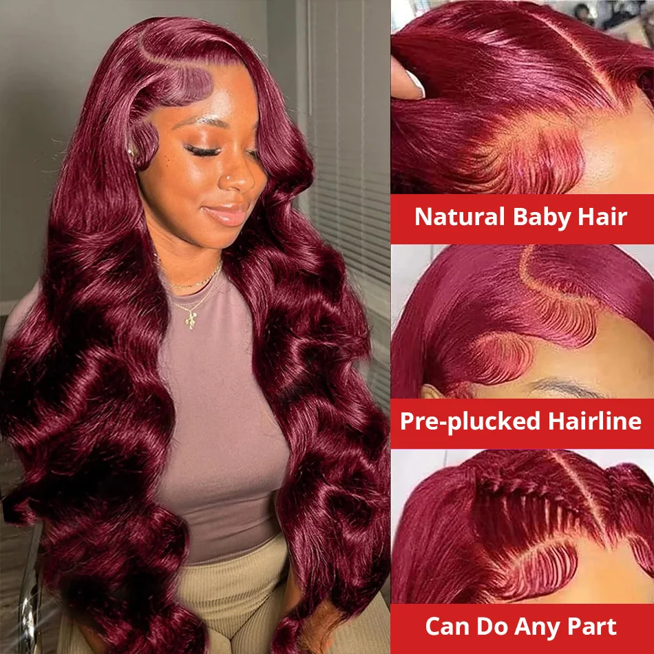 Perruque Lace Front Wig Body Wave Brésilienne Remy Naturelle, Cheveux Humains, Couleur Bordeaux 99J, 13 Age, pour Femme Africaine