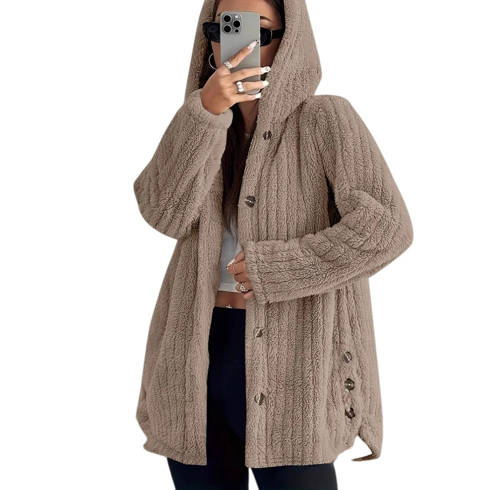 Vertical Stripe Fleece Jacket Womens Hooded Solid Color Style Single Breasted for front Suitable for Summer Beach Cycling and
