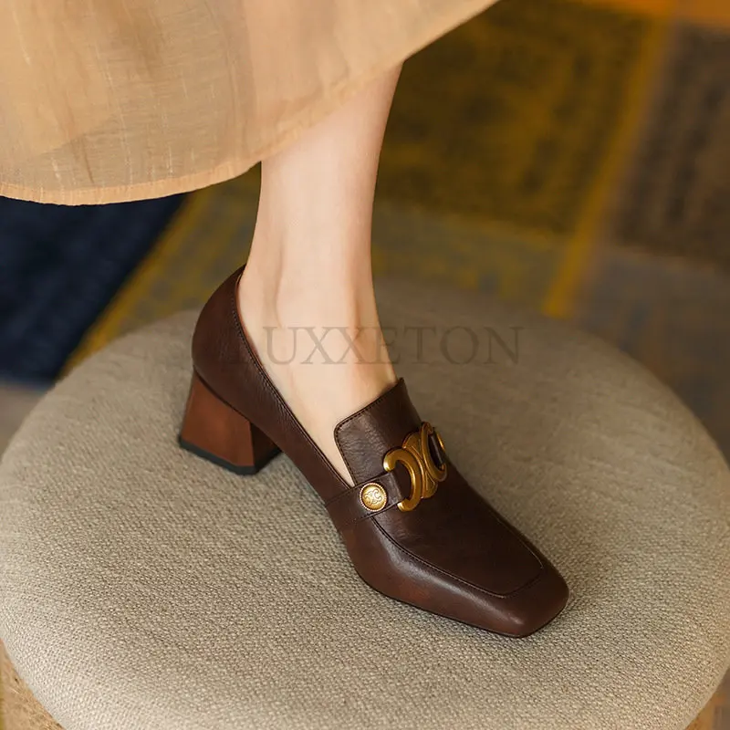 High Heel Women's Small Leather Shoes 2023 Spring and Autumn New Thick Heel Square Head Soft Leather British Lefu Shoes