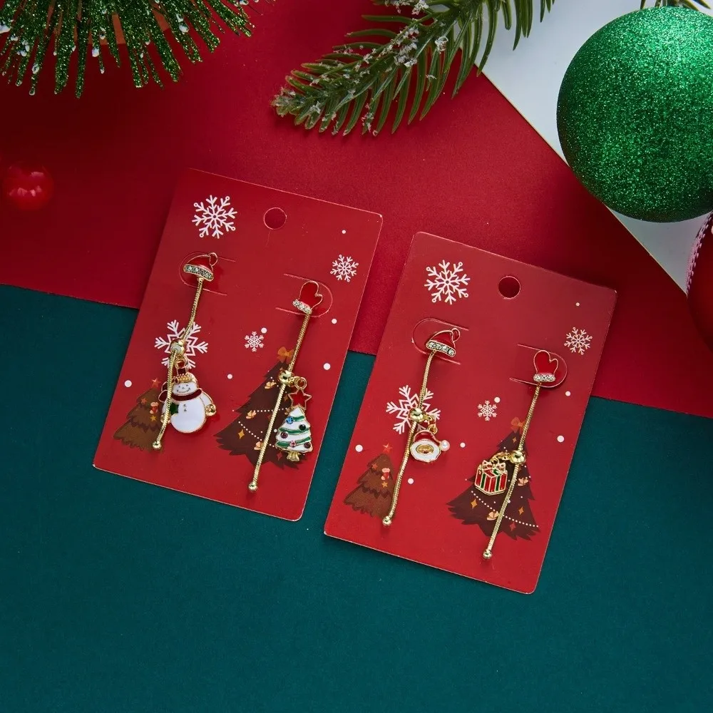 Asymmetric Design Christmas Dangle Earrings Enamel Snowman Bell Tassel Long Tassel Earrings Red Hat Gloves Moving Santa Claus