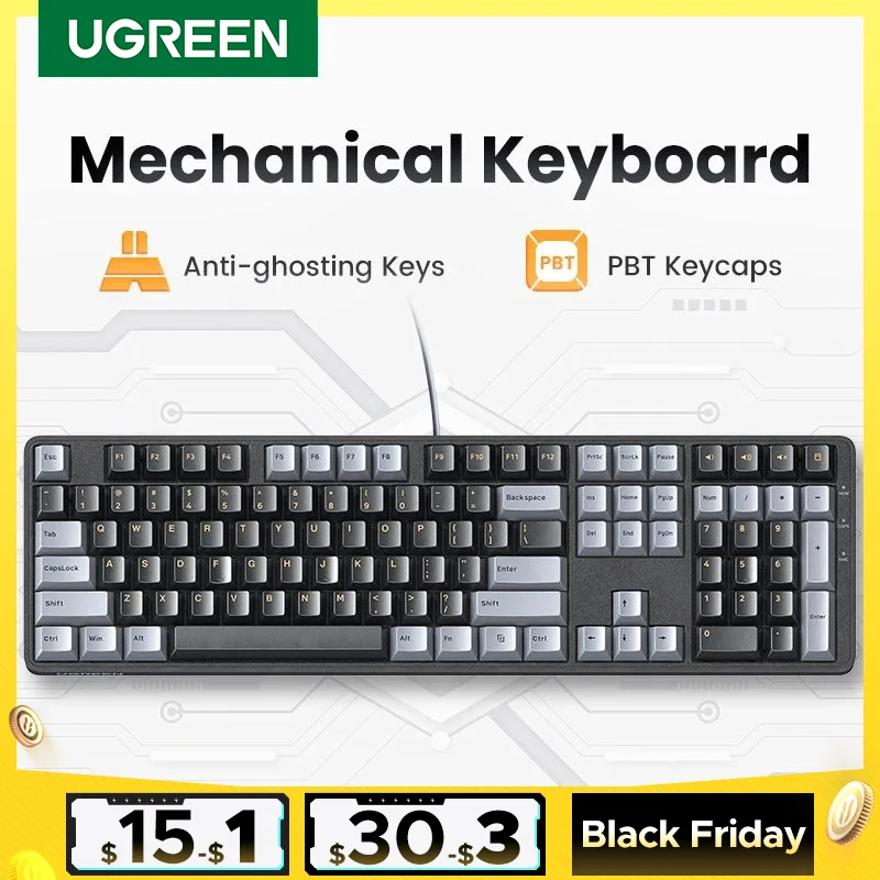 UGREEN Mechanical Keyboard 108 PBT Keycaps Wired Keyboard Red Switch Russian/Korean/EN for Desktop Laptop Windows Mac OS Gaming