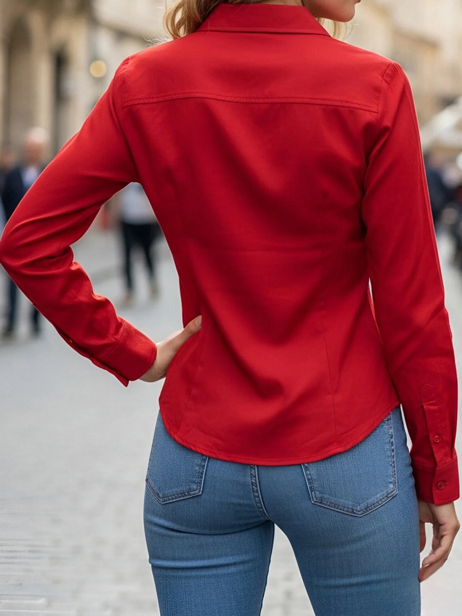 

Ladies Autumn Tops Collared Long Sleeve V-Neck Casual Solid Color Fitted Peplum Shirts with Button Front