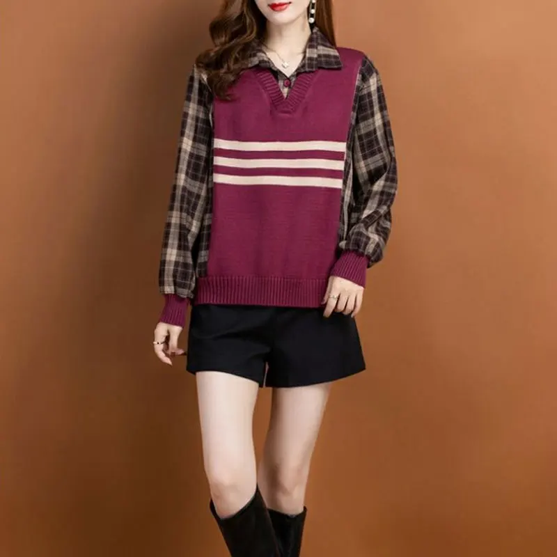 Vintage Plaid Knitted Patchwork Striped Shirt 2023 Autumn Winter Fake Two Pieces Female Clothing Casual Turn-down Collar Blouse