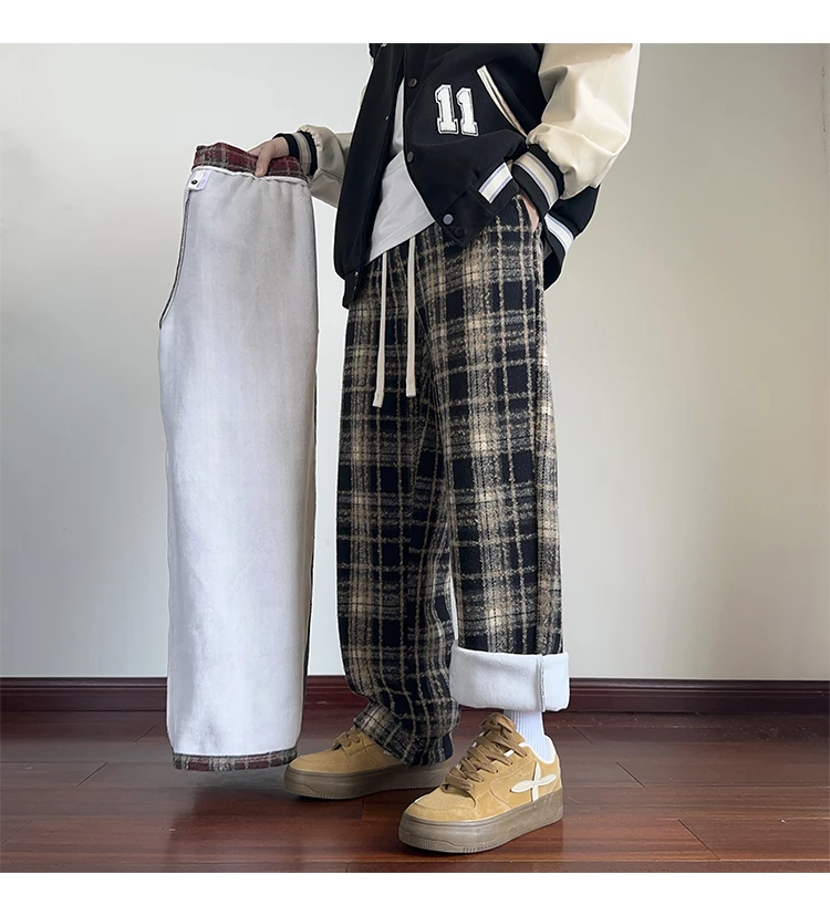 منقوشة السراويل الرجال الشتاء أفخم سميكة الدافئة سراويل تقليدية رجل الموضة فضفاض بنطلون مستقيم الساق السراويل سميكة الصوف السراويل #5