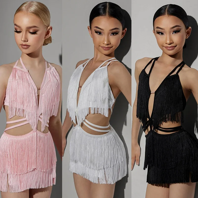 

2025 Children Latin Dance Dress For Girls Sexy Backless Fringed Dress Kids Chacha Rumba Latin Dance Competition Dress