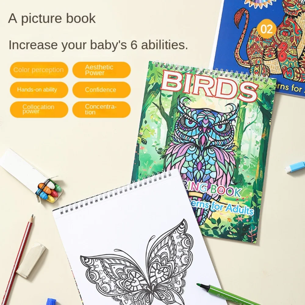 Mandala/Birds/Butterfly/Animal Kids Coloring Book Single Side 20 Exquisite Pictures Coloring Pattern for Adult Thicken Paper