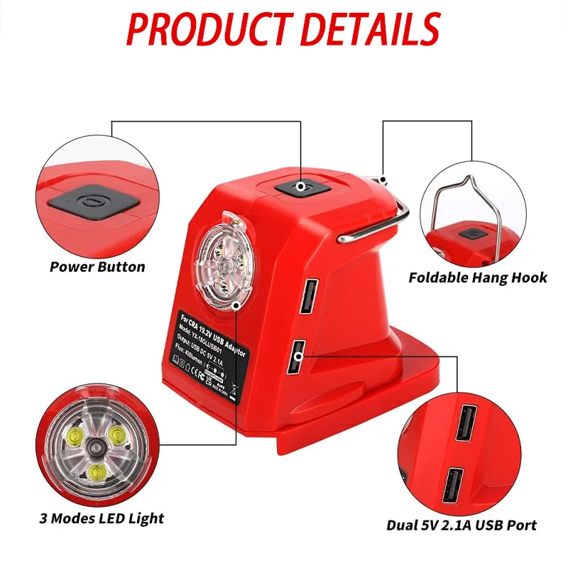 Batterie adapter für Handwerker 19,2 V Li-Ionen-Ni-CD-Akku, Dual-USB-Adapter mit 420lm LED-Arbeits scheinwerfer tragbare Hand taschenlampe