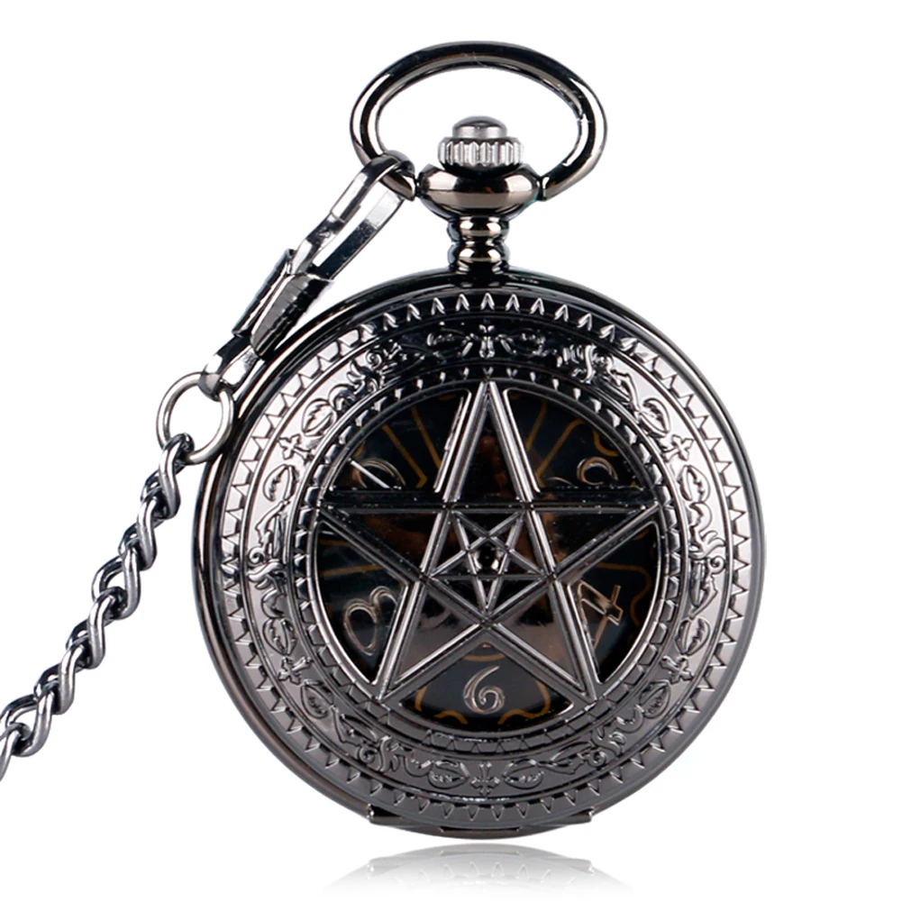 

Retro Black Mechanical Pocket Watch Men Hollow Out Stars Watch Cover Hand Winding FOB Chain Manual Mechanical Clock Gift