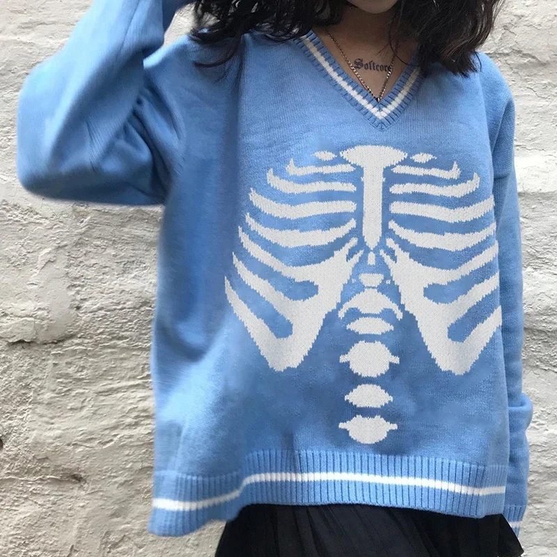 Maglione oversize Y2K con scollo a V con stampa teschio gotico Harajuku pullover con Top lavorato a maglia allentato Casual maglione da donna Punk coreano inverno nuovo