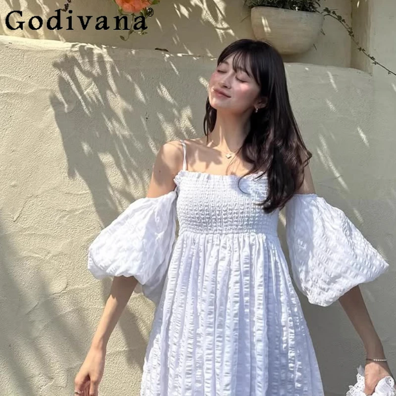

Japanese Style Sweet Fashion Off-Shoulder Puff Sleeve Long Dress Summer New Women's High Waist Slim Elegant Princess Dresses