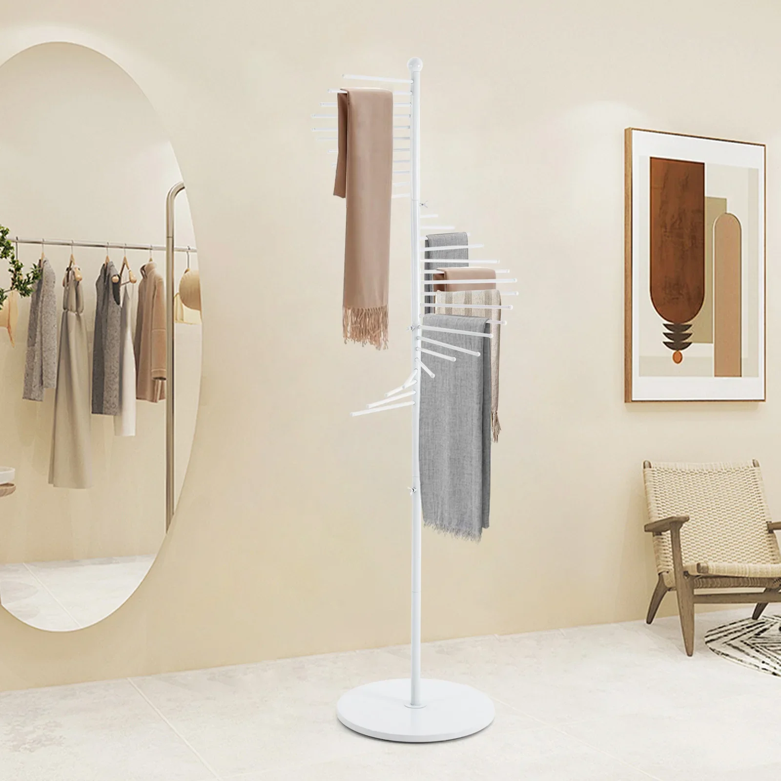 

Современная белая напольная спиральная стойка для шарфов длиной 5,58 футов, многоуровневый подвесной органайзер с регулируемой высотой для шарфов, галстуков