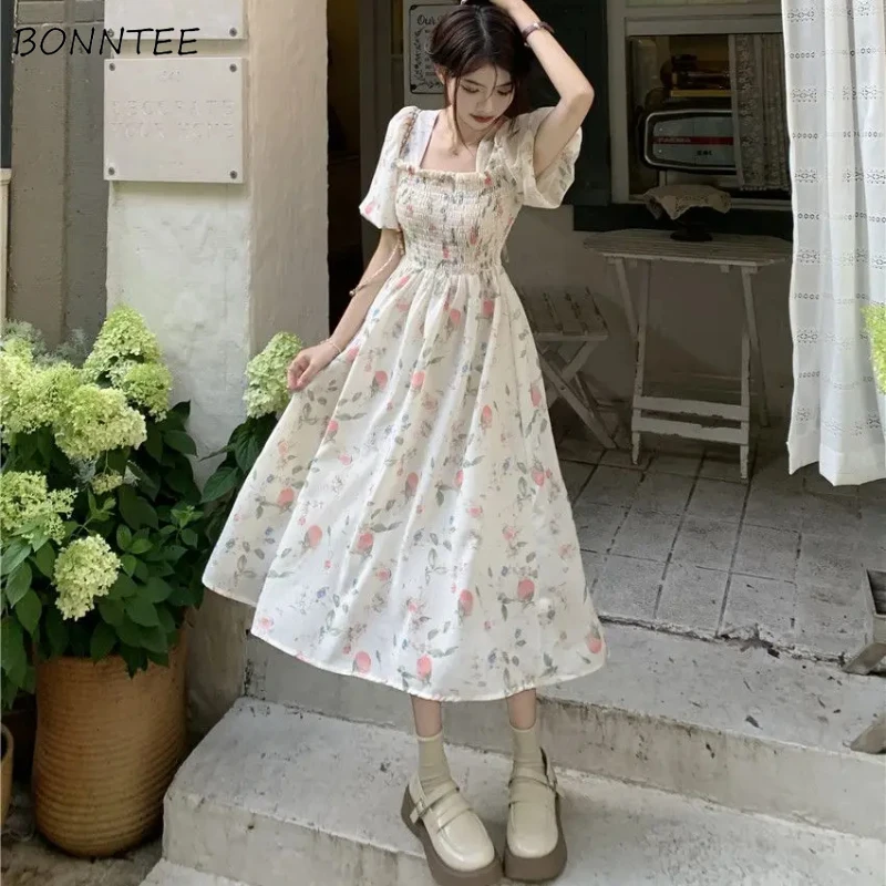 

Dresses Women Floral Chic Aesthetic Square Collar Gentle Stylish Streetwear College Casual Harajuku Sweet Cute Girls Summer Ins