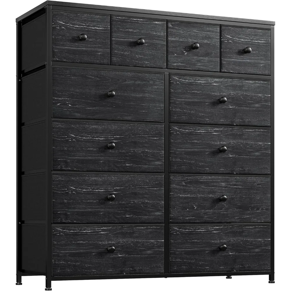 Black Dresser for Bedroom with 12 Drawers, Bedroom Dresser with Wooden Top and Metal Frame, Tall Dressers & Chests of Drawers