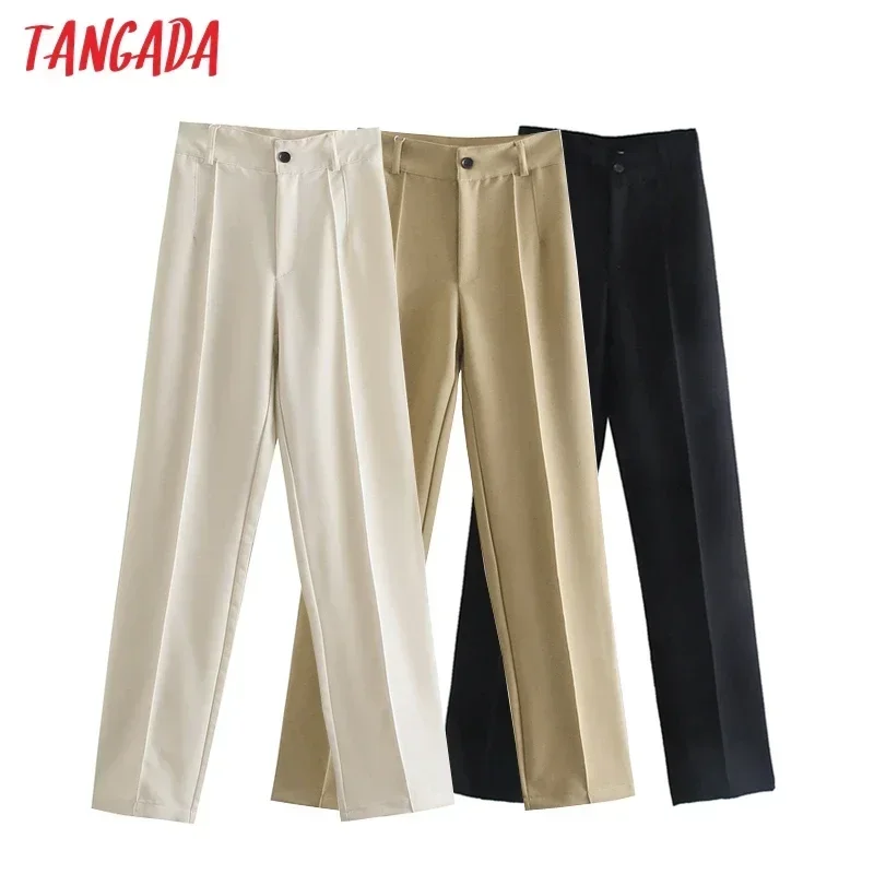 Tangada Fashion Women Solid Khaki White Suit Pants Trousers Vintage Style Pockets Buttons Office Lady Pants Pantalon JE45