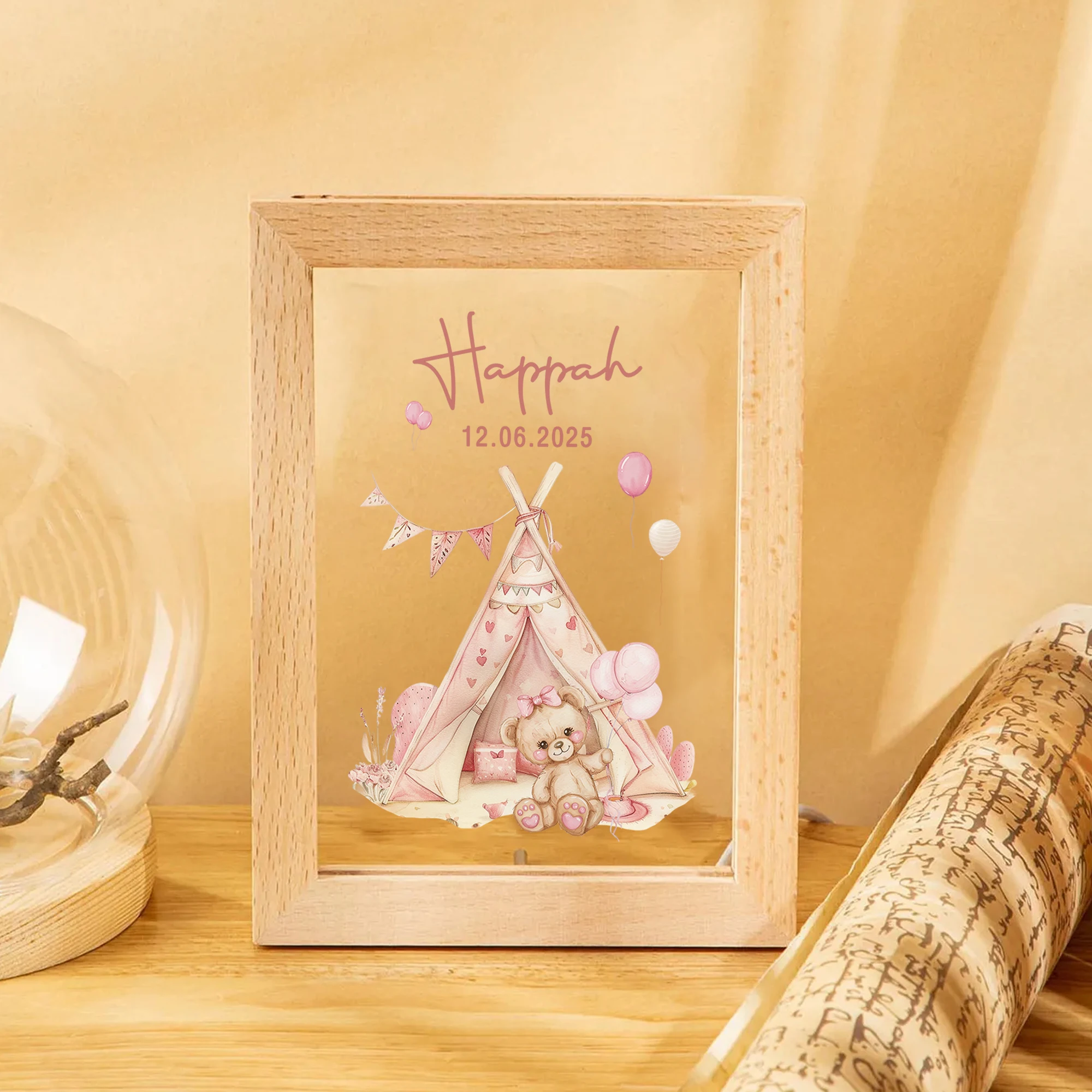 2D شقة مخصصة اسم الكرتون خيمة الدب LED الاكريليك ليلة ضوء الخشب إطار صور 21x17 سنتيمتر غرفة نوم الطفل هدايا ديكور المنزل
