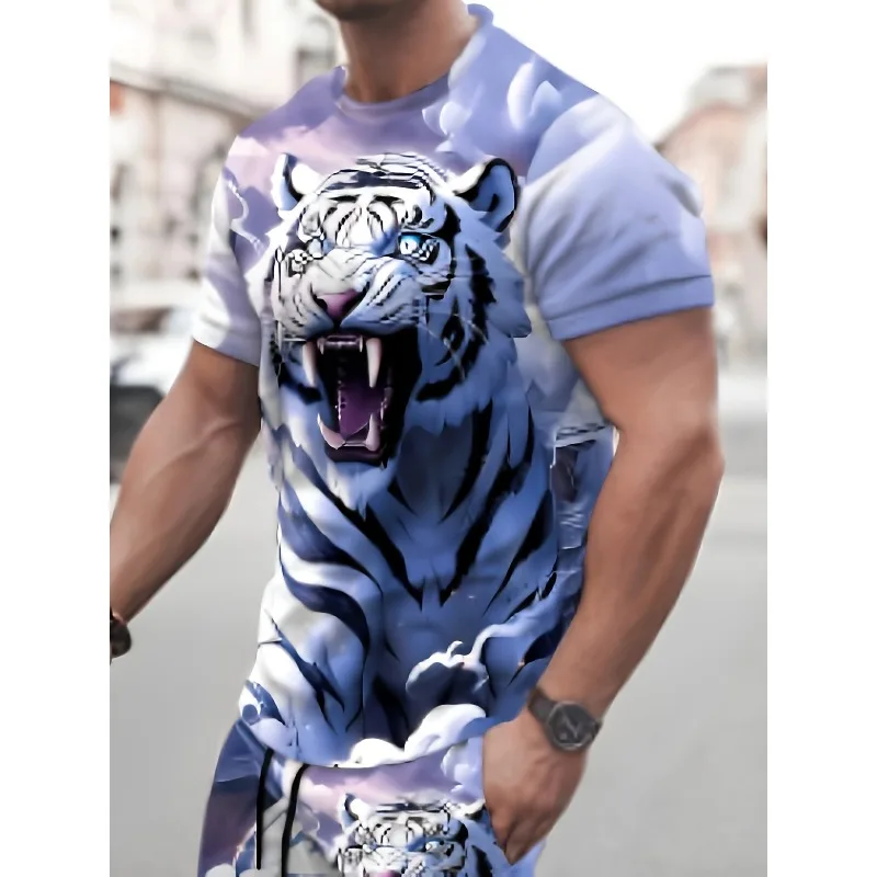 2025 Creative Fashion New Trend Summer 3D Digital Printing Casual Round Neck Short Sleeved Shorts Set Retro Men's T-shirt