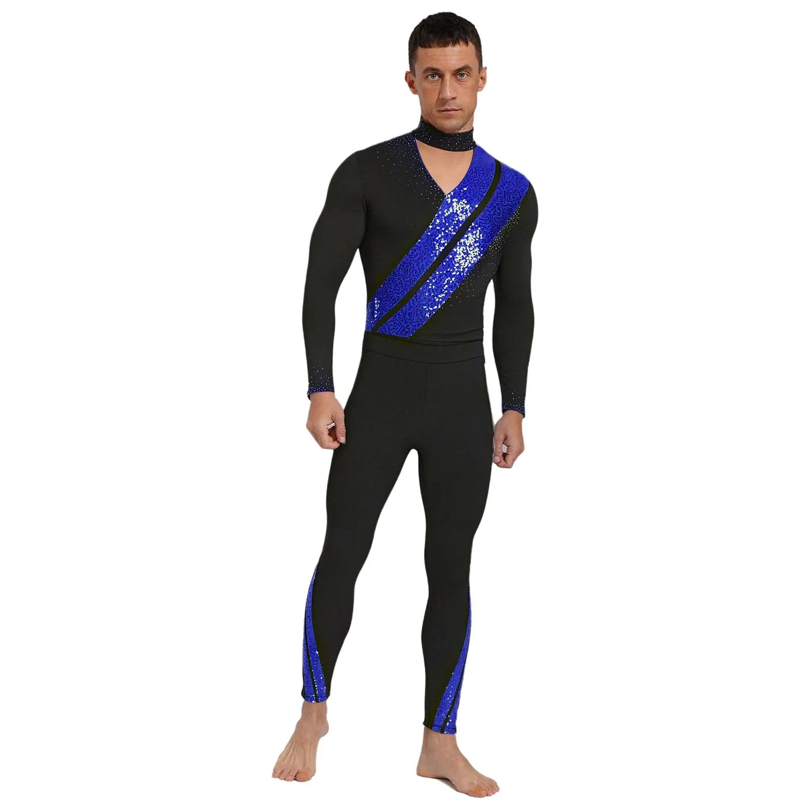 男性フィギュアスケートラテンワルツダンス衣装中空-v-ネック開閉可能な股ボディスーツとあぶみパンツバレエラテンダンスウェア用