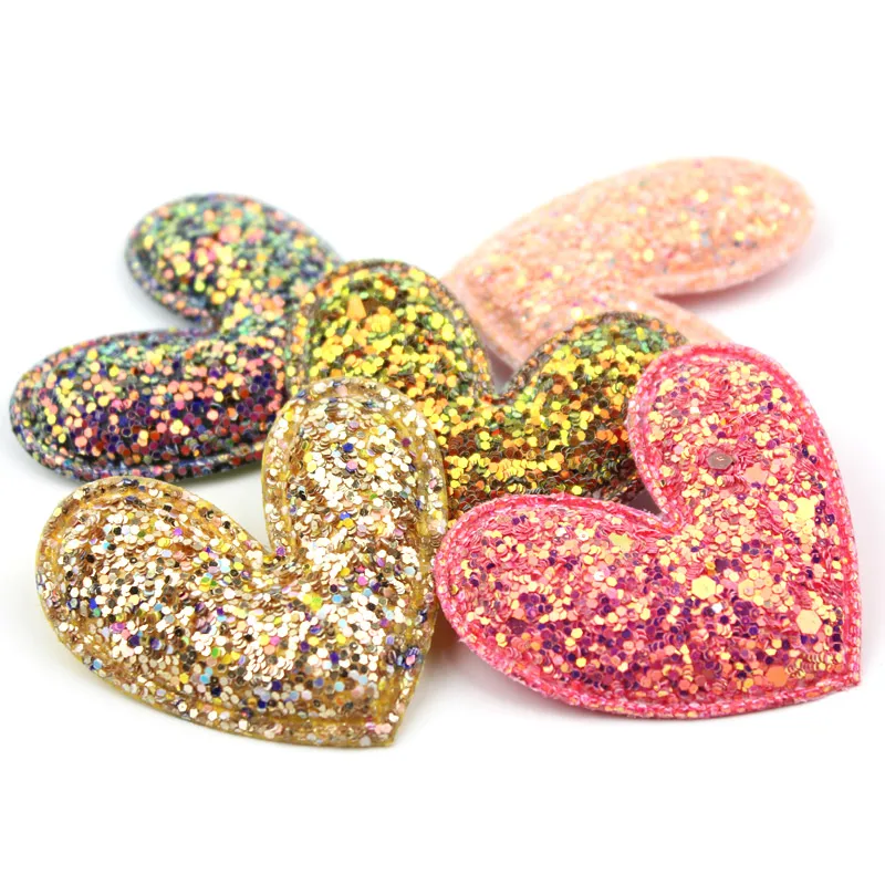 20Pcs 4.5*5cm Glitters Heart Shape Shiny Padded Appliques for Kids BB Clip Hat Decor Ornament and Garment Accessoires wholesale