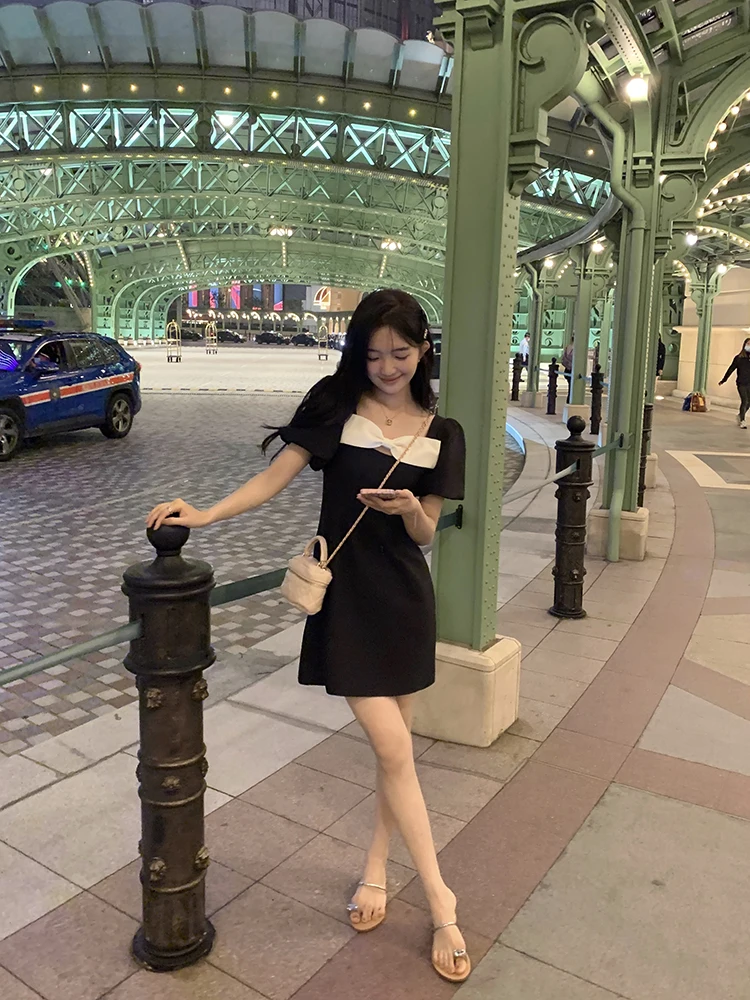 

Bla Hepburn Sle Dr Women's Knot ort Dr Small Design Sense Korean Sle Bubble Sve High Waist A-...