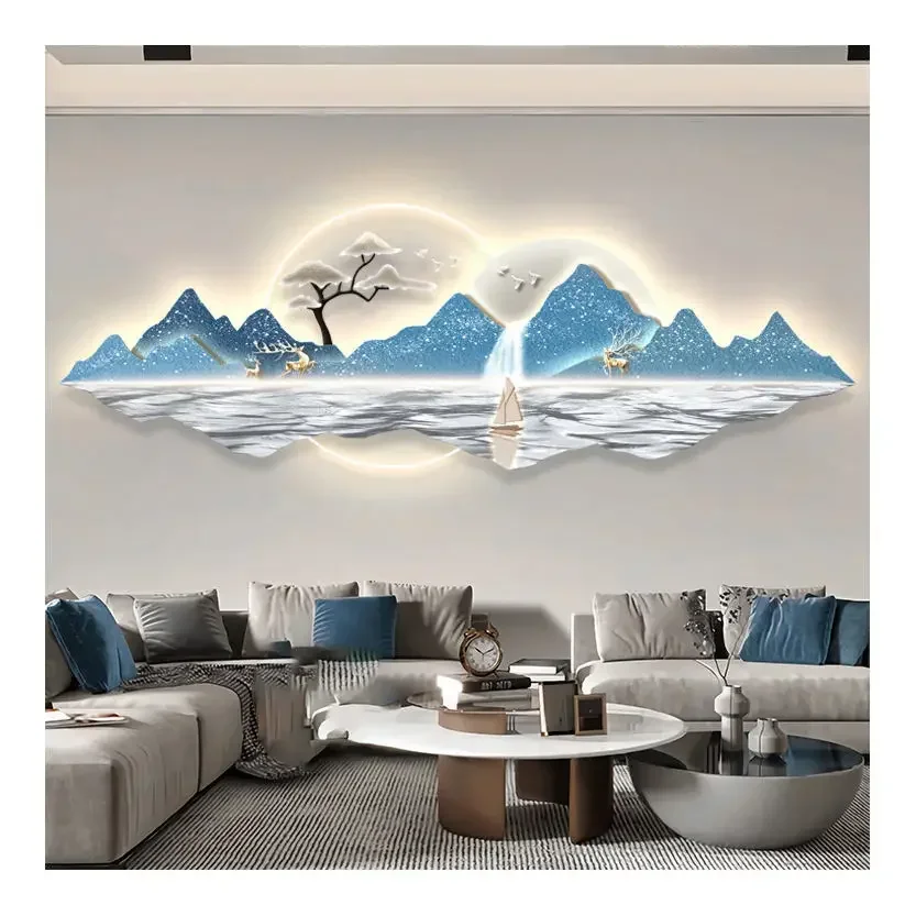 

Modern Luxury New Living Room Decorative Painting Canvas Animal Landscape Wall Art with LED Background Hanging Murals