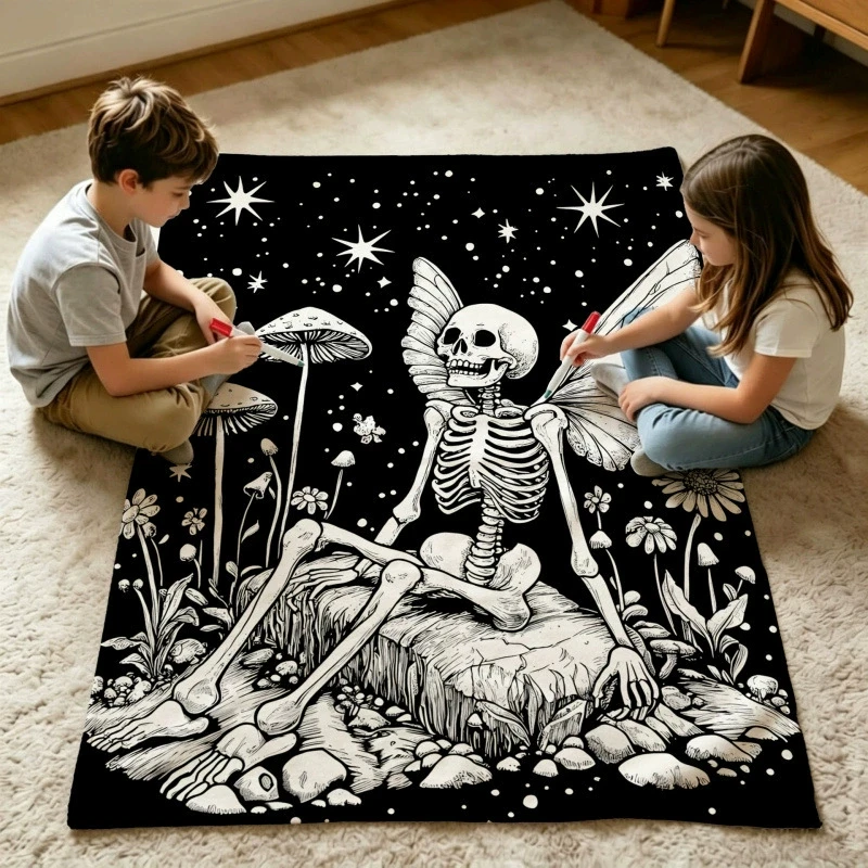 Dark Fantasy Doodle Coloring Blanket Wing Skeleton Mushroom Star DIY blanket Soft Flannel Painting Gift