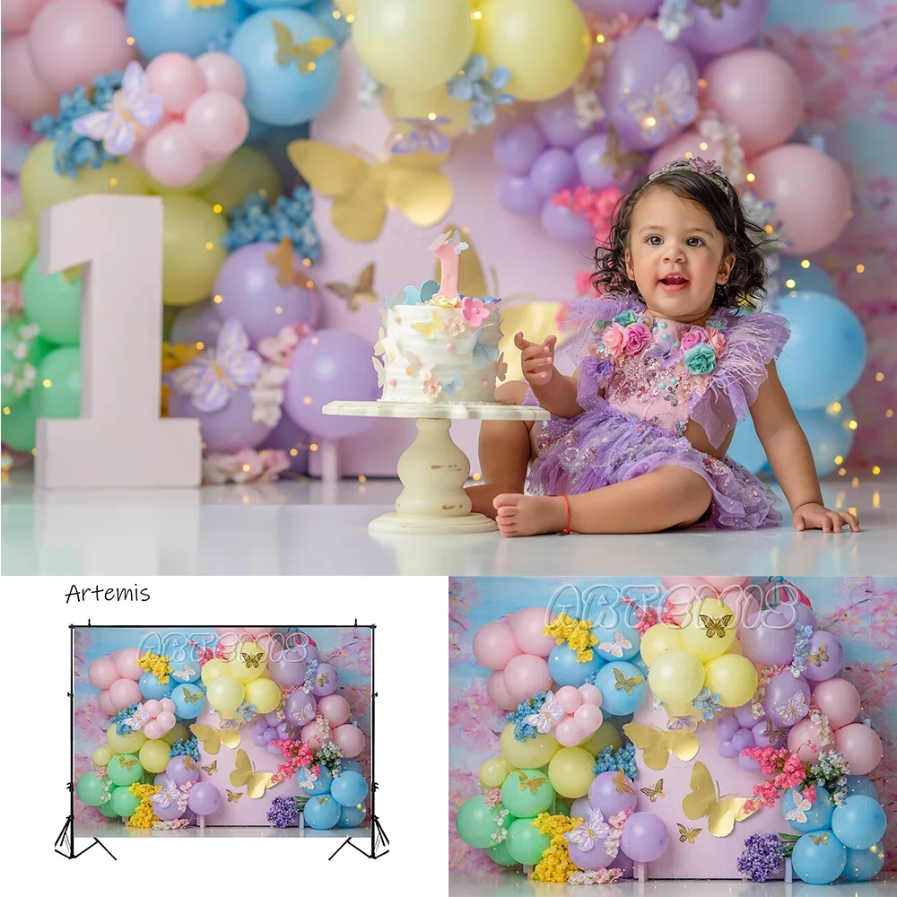 

Floral Colorful Balloon Arch Cake Smash Backdrops Golden Butterflies Children's Birthday Decoration Photocall Photo Backgrounds