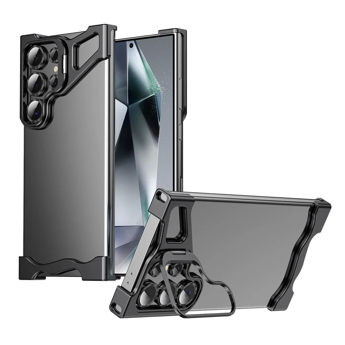 Rahmenlose Stoßstange aus Metall, stoßfeste Eckhülle für Samsung Galaxy S25 S24 S23 S22 Ultra, versteckter Halter, Kameraobjektiv-Schutzhülle