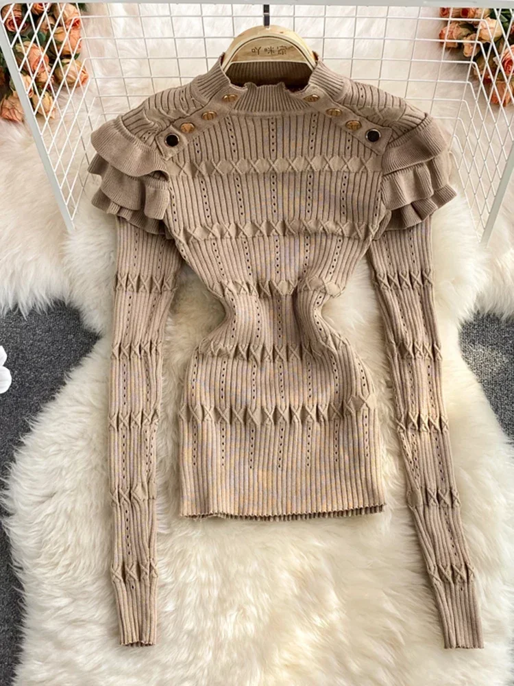 

Women Autumn Winter Blouse Temperament Retro Stand Collar Ruffled Knitted Bottoming Shirt Western Style Short Stretch Top D1893