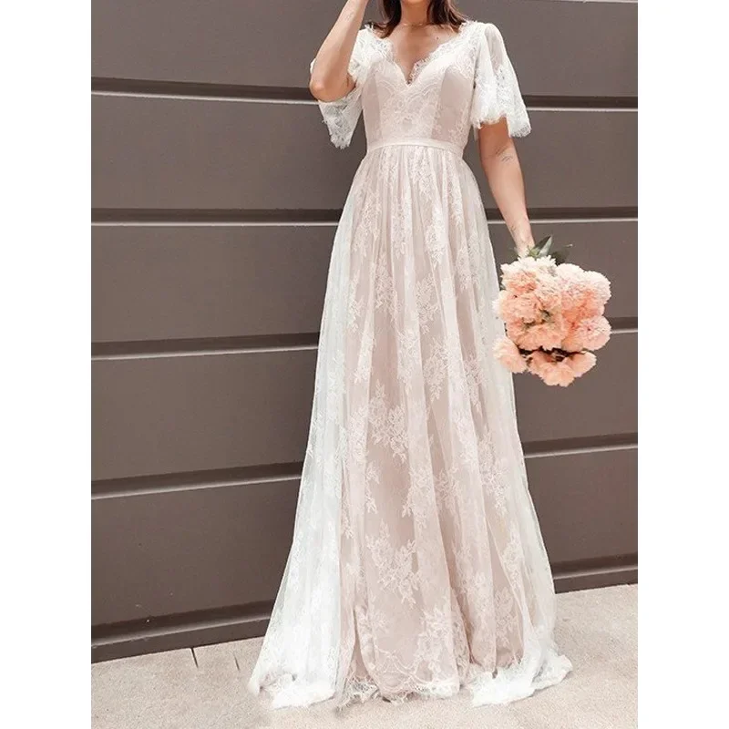 2024 Spring Summer New Women's Pink Lining White Lace Backless Wedding Dress Bridesmaid Dress Long